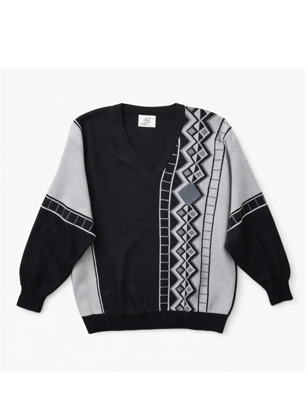 Gabicci Italy Wool Blend V Neck Sweater XL Black Gray Geometric